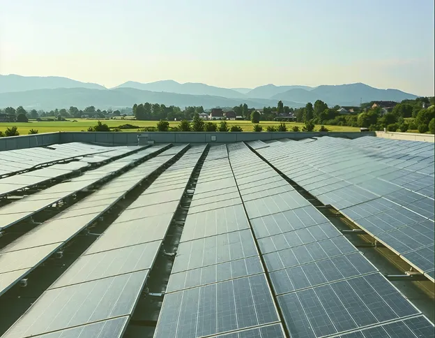 Planta fotovoltaica en cubierta industrial con montañas al fondo